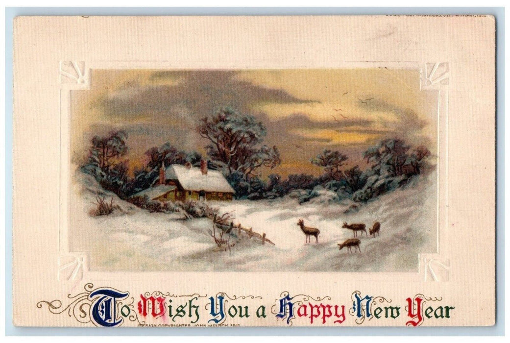 Christmas And Happy New Year Deer In Winter John Winsch Artist Signed Postcard