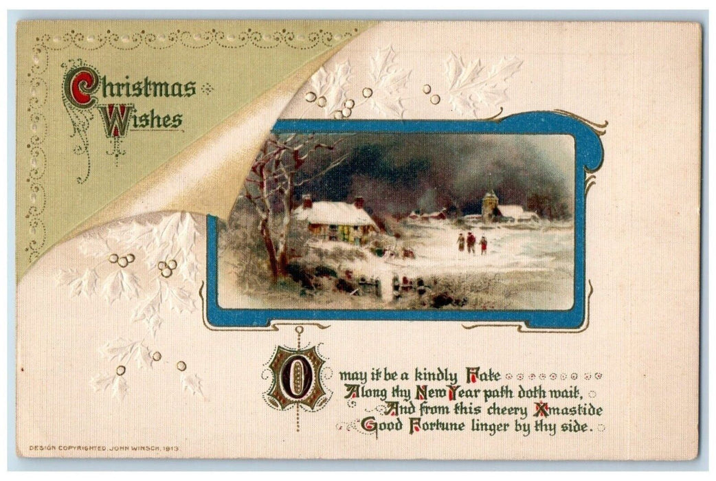 1915 Christmas Wishes Poem Holly Winter Snow John Winsch Artist Signed Postcard