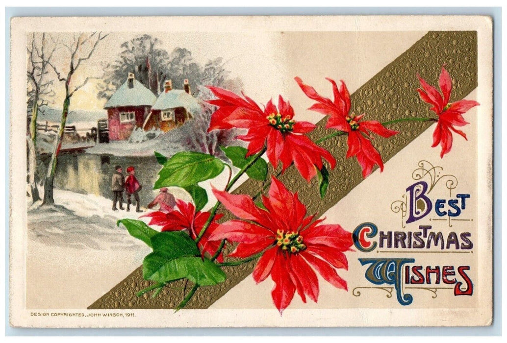 1911 Christmas Poinsettia Flowers Boys Pond John Winsch Artist Signed Postcard