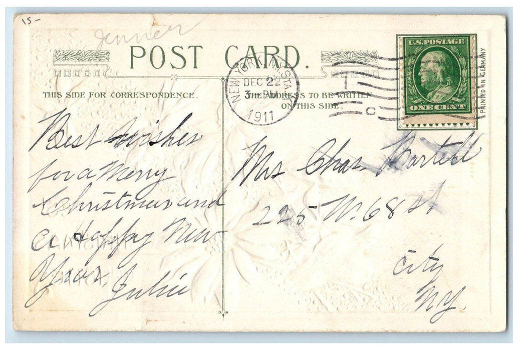 1911 Christmas Poinsettia Flowers Boys Pond John Winsch Artist Signed Postcard