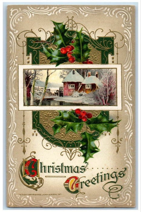 1911 Christmas Greetings Holly House And Pond John Winsch Artist Signed Postcard