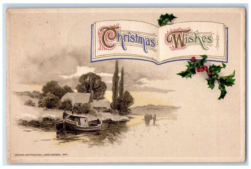 1912 Christmas People Pulling Boat Holly John Winsch Artist Signed Postcard