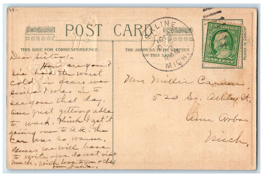 1912 Christmas People Pulling Boat Holly John Winsch Artist Signed Postcard