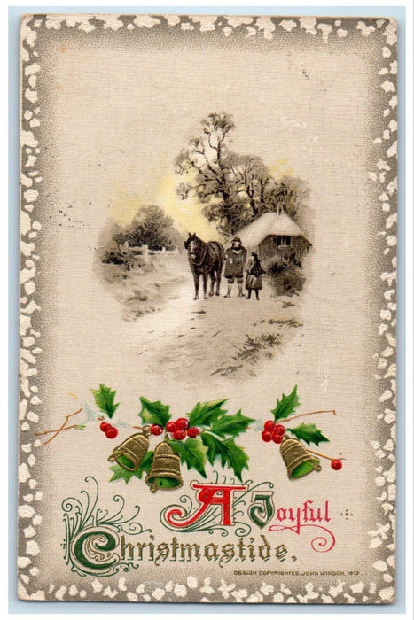 1913 Christmas Father Daughter Horse In Winter Holly Bells John Winsch Postcard