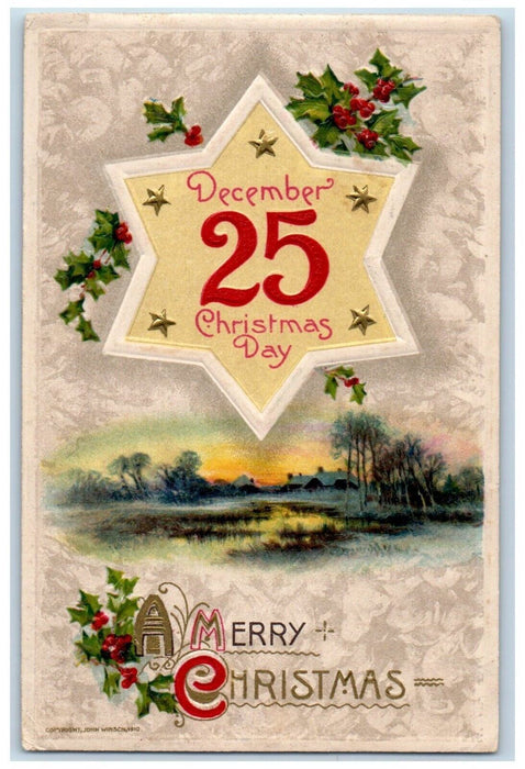 1912 Christmas Day December 25 Holly Star Number John Winsch Embossed Postcard