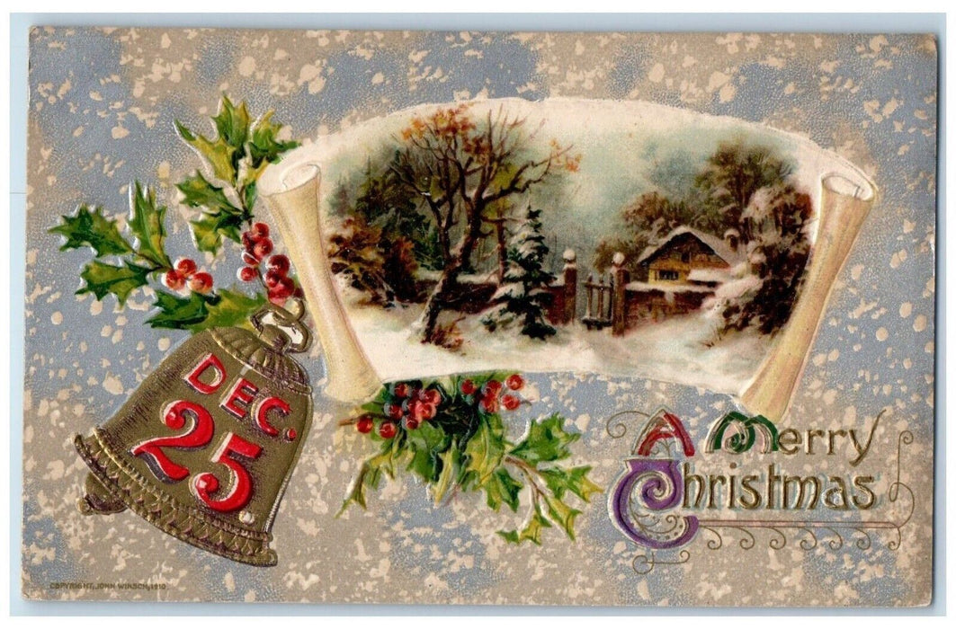 Christmas December 25 Holly Number Winter Snow John Winsch Embossed Postcard
