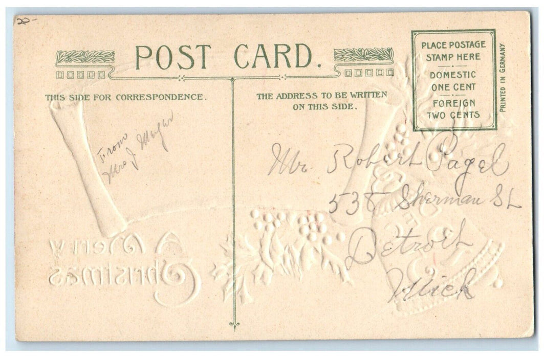 Christmas December 25 Holly Number Winter Snow John Winsch Embossed Postcard
