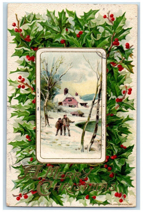 Christmas Boys Scene In Winter Snow Holly John Winsch Artist Signed Postcard