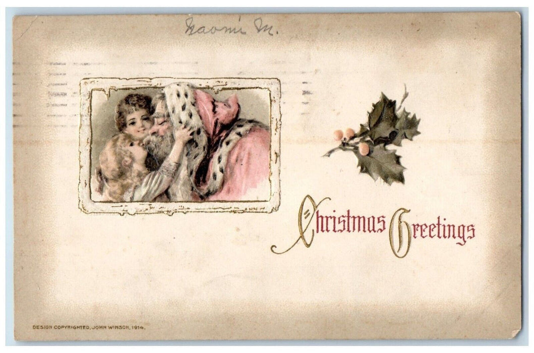 1914 Christmas Greetings Little Girl Kissed Old Man Holly John Winsch Postcard