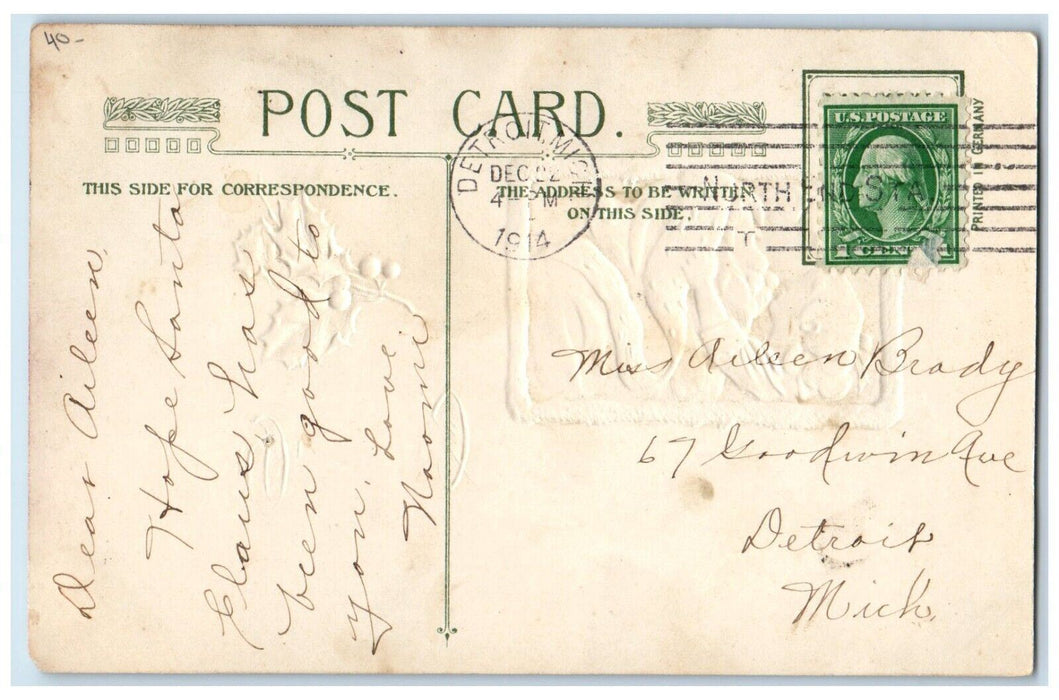 1914 Christmas Greetings Little Girl Kissed Old Man Holly John Winsch Postcard