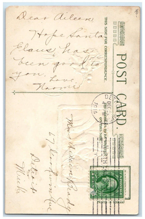 1914 Christmas Greetings Little Girl Kissed Old Man Holly John Winsch Postcard
