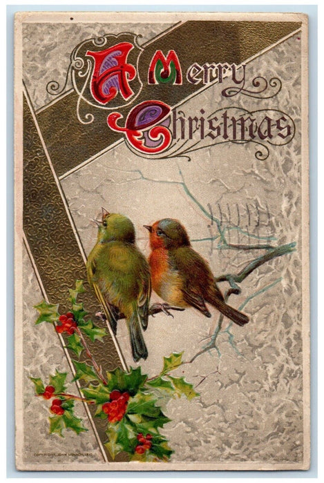 1914 Christmas Holly Berries Birds At The Branch John Winsch Embossed Postcard