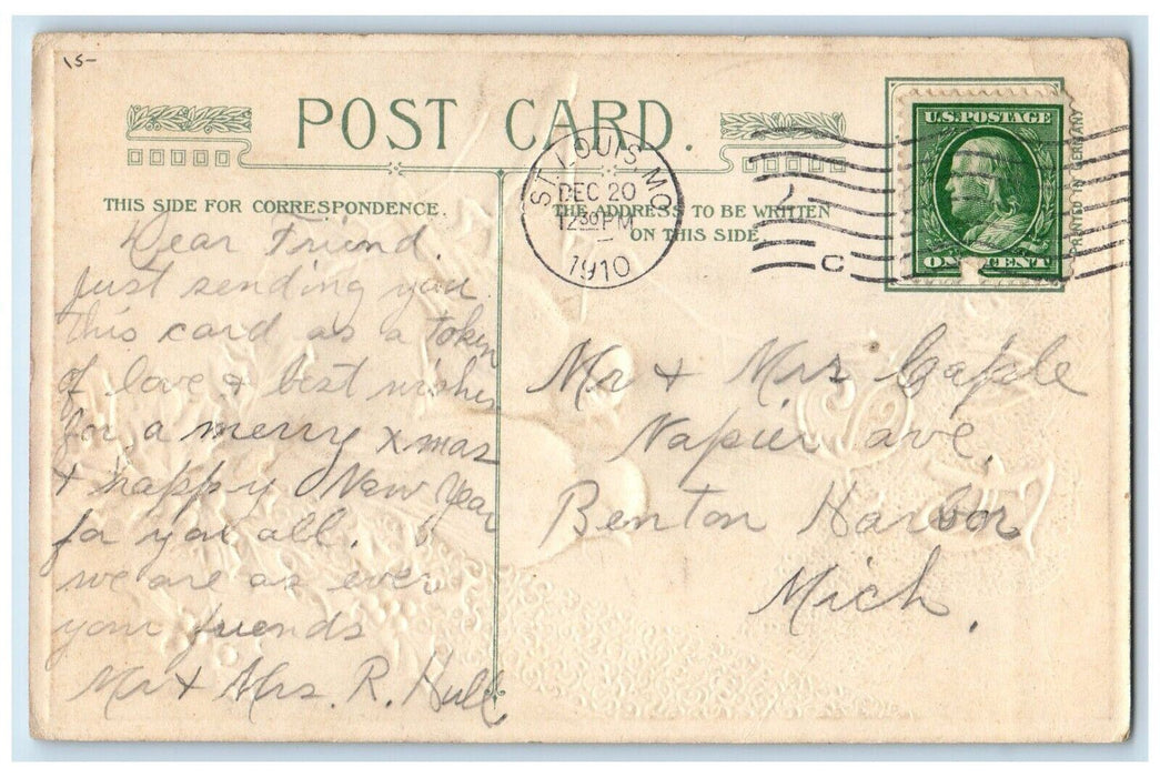 1914 Christmas Holly Berries Birds At The Branch John Winsch Embossed Postcard