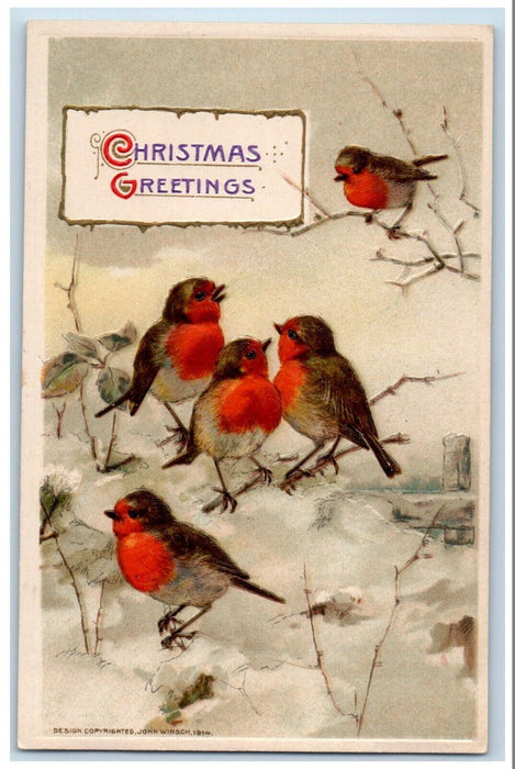 Christmas Greetings Singing Birds Winter Snow John Winsch Artist Signed Postcard