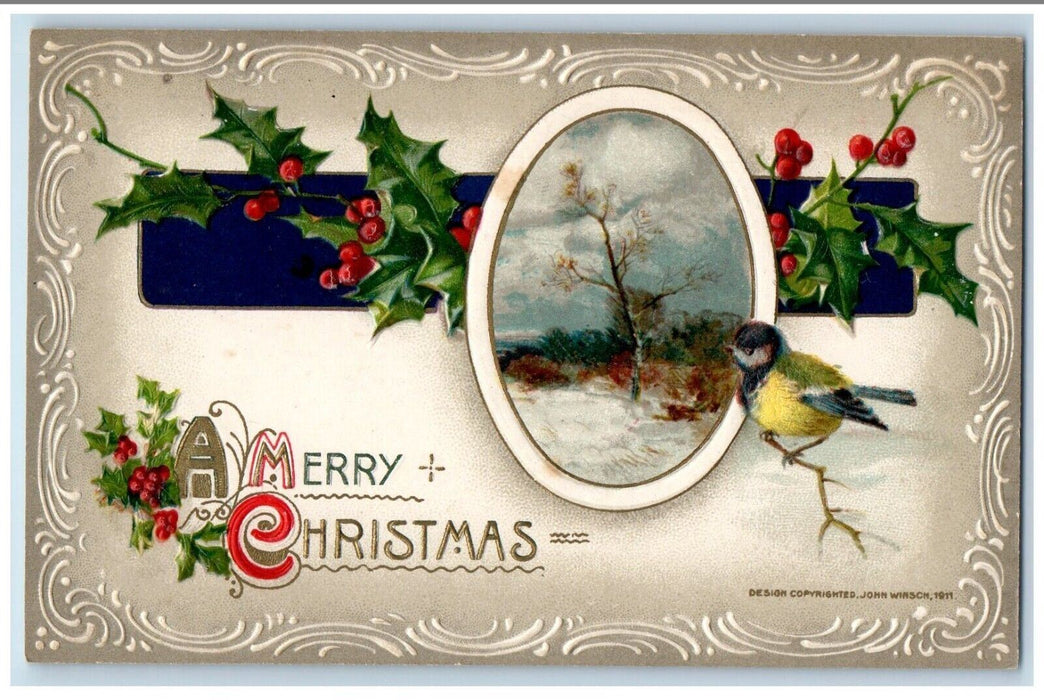 1911 Christmas Bird Holly Berries Winter Snow John Winsch Artist Signed Postcard