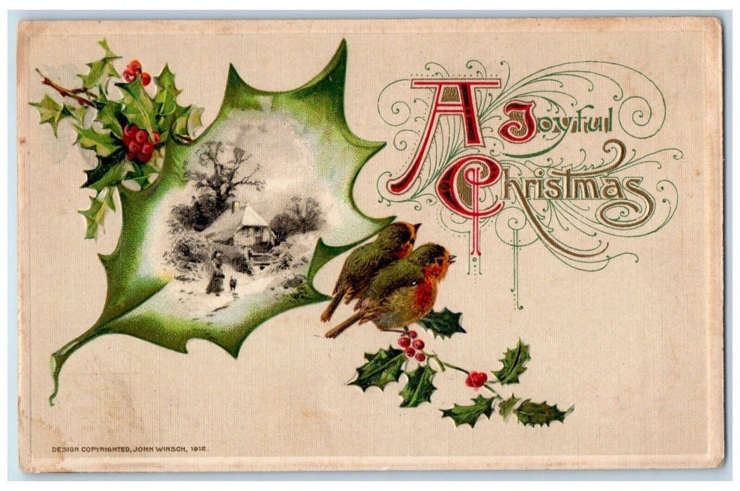1912 Christmas Bird Holly Berries Girl Dog John Winsch Artist Signed Postcard