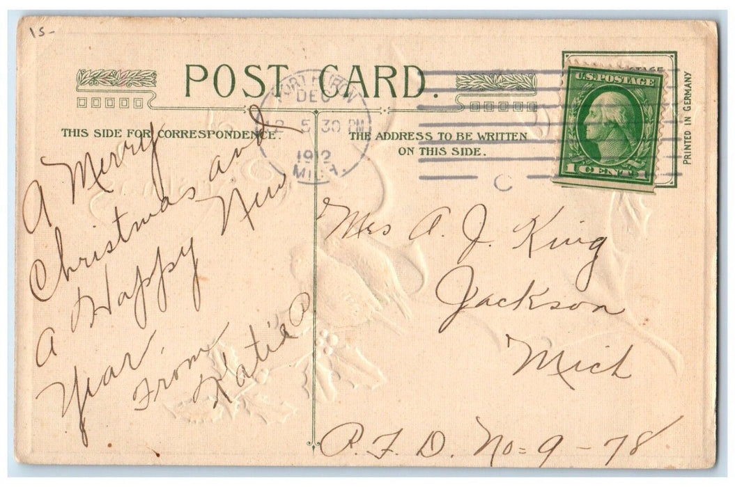 1912 Christmas Bird Holly Berries Girl Dog John Winsch Artist Signed Postcard