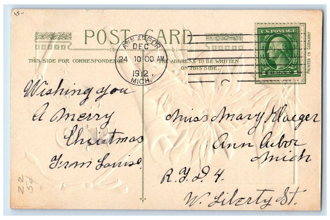 1912 Christmas Poinsettia Flowers Ribbon John Winsch Artist Signed Postcard