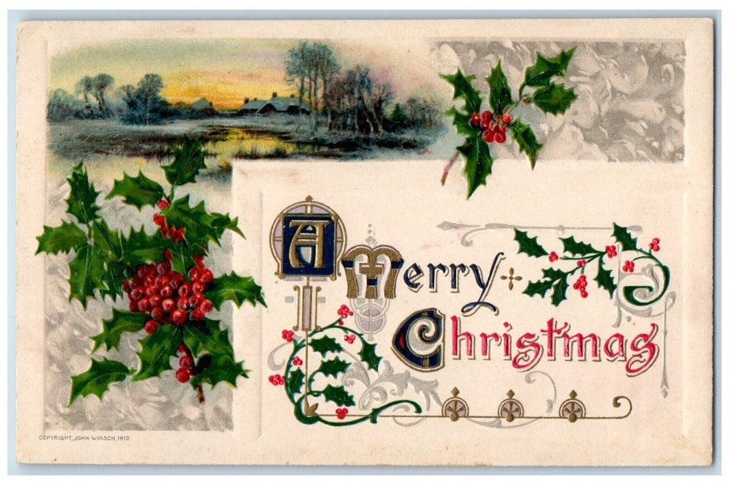 1910 Christmas Holly Berries House Winter Snow John Winsch Embossed Postcard