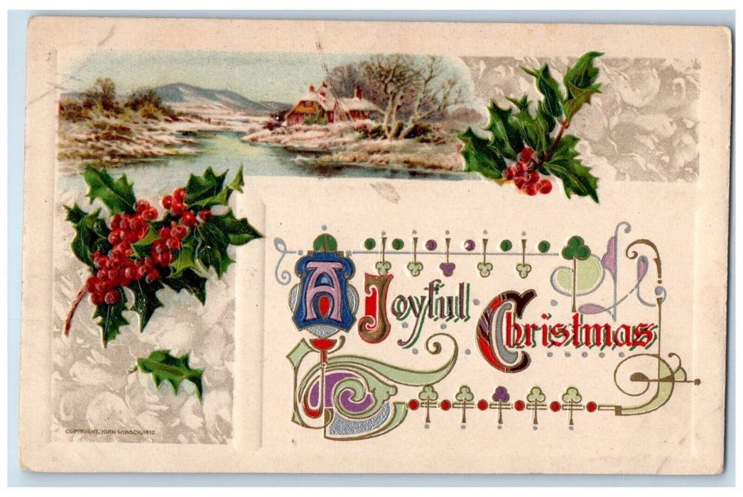 1910 Christmas Holly Berries House River View John Winsch Artist Signed Postcard