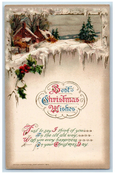 1914 Christmas Wishes Holly Winter Snow House Pine Trees John Winsch Postcard