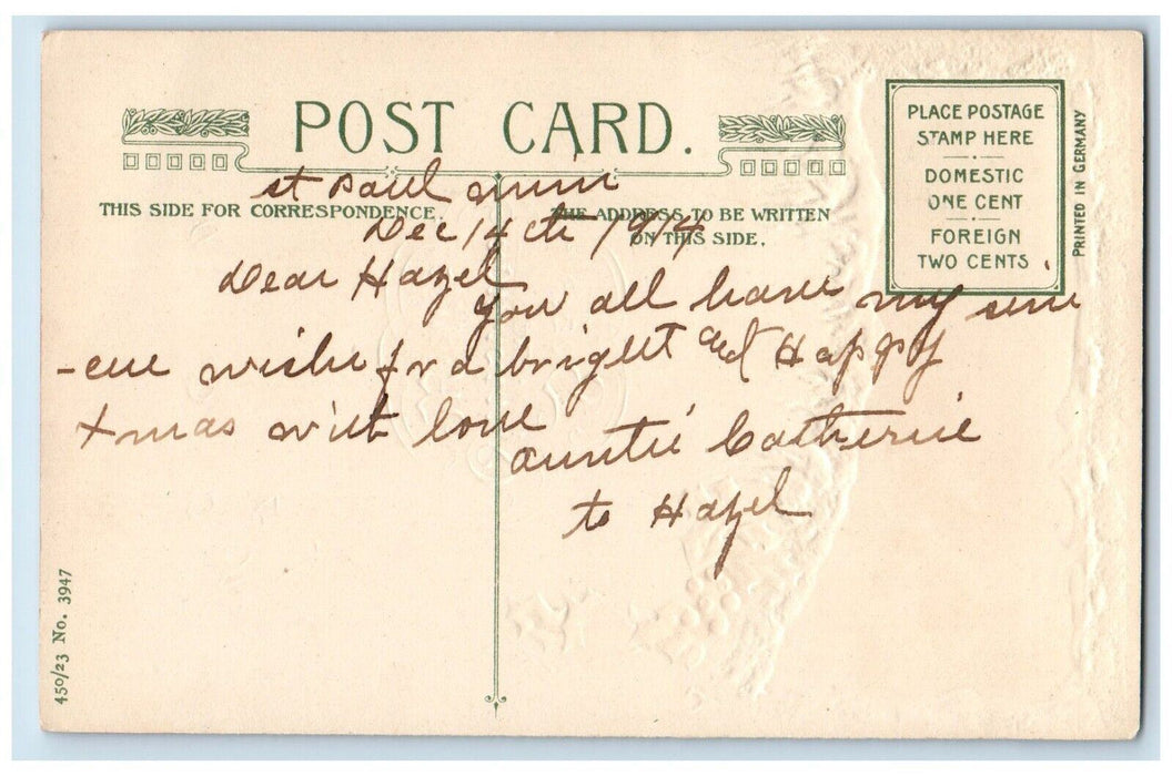 1914 Christmas Wishes Holly Winter Snow House Pine Trees John Winsch Postcard