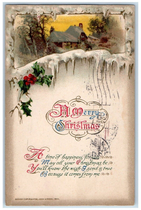 1914 Christmas Poem Holly House Snow Winter John Winsch Embossed Postcard
