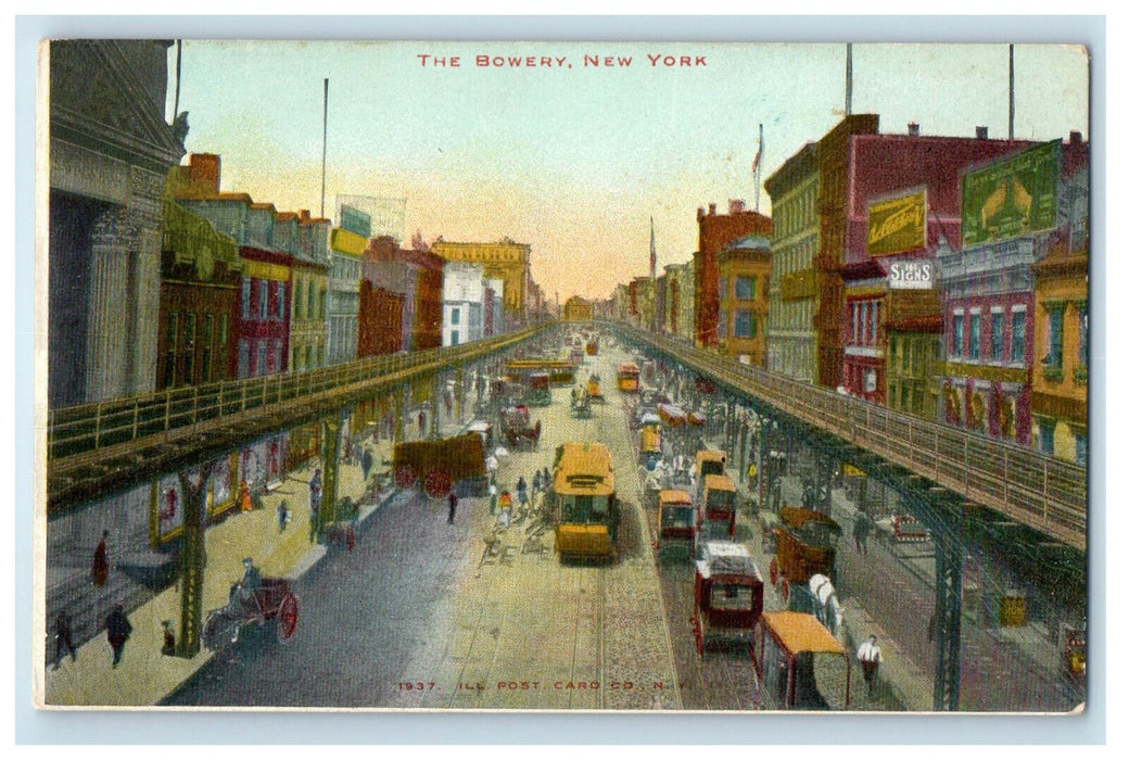 c1905 Trolley Car, Horse Carriage, Railway, The Bowery New York NY Postcard