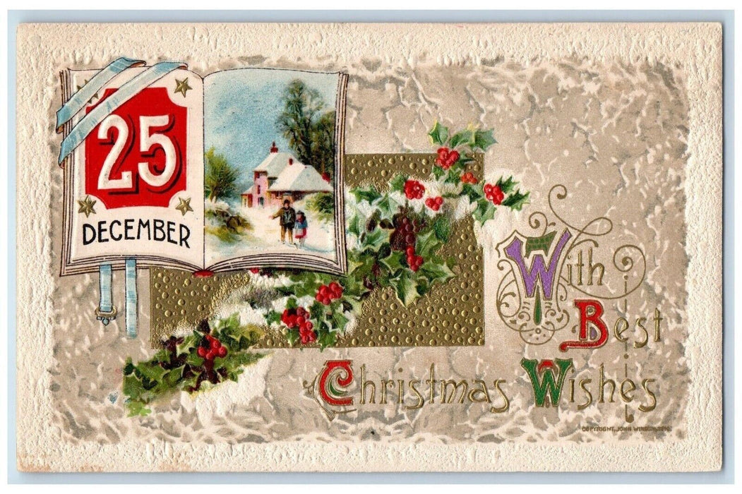 1910 Christmas December 25 Holly Snow Number John Winsch Embossed Postcard