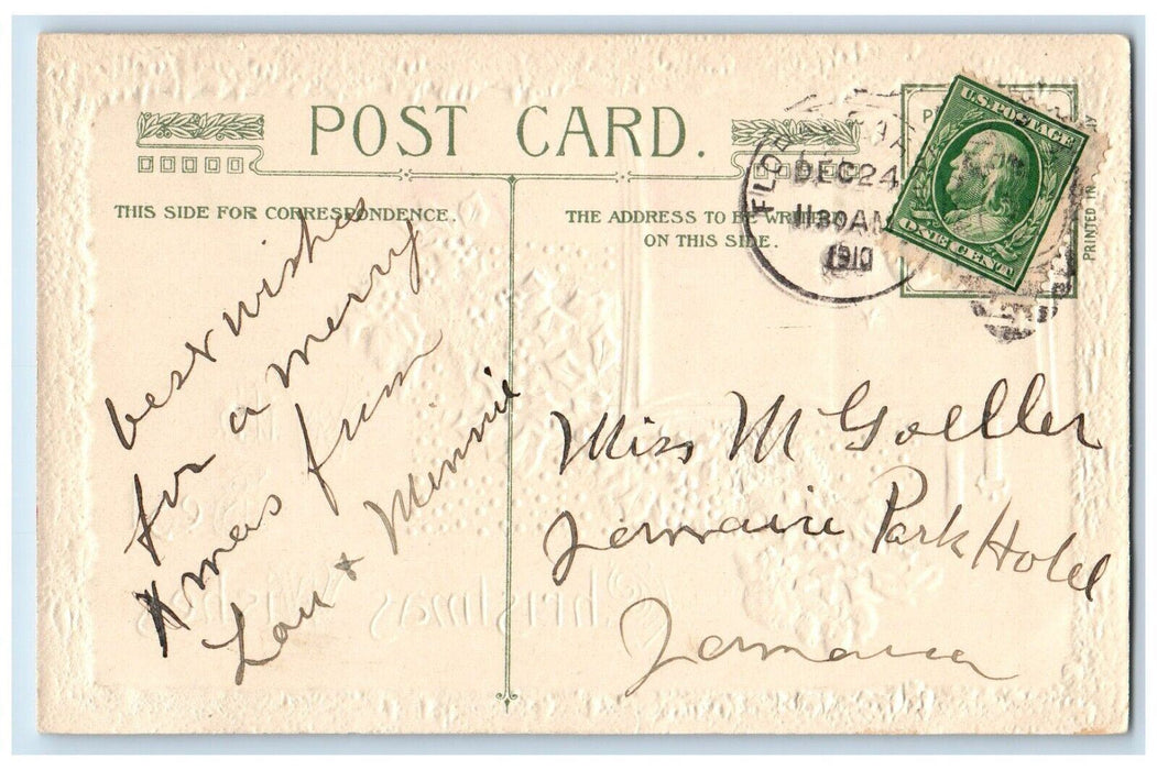 1910 Christmas December 25 Holly Snow Number John Winsch Embossed Postcard