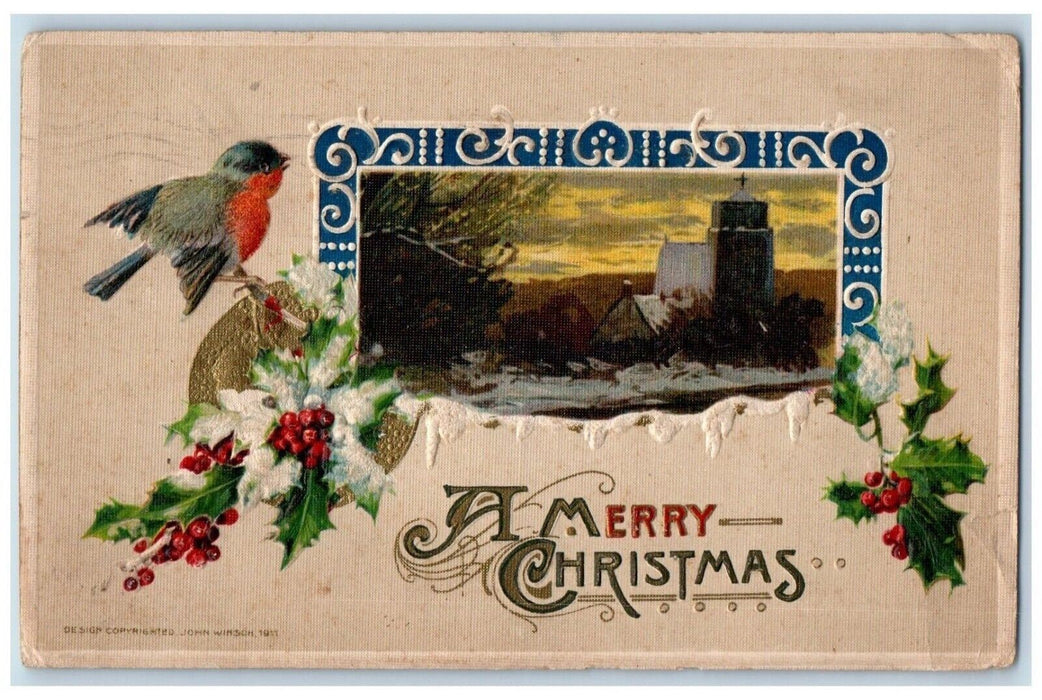 1911 Christmas Holly Covered Snow Bird Church John Winsch Embossed Postcard