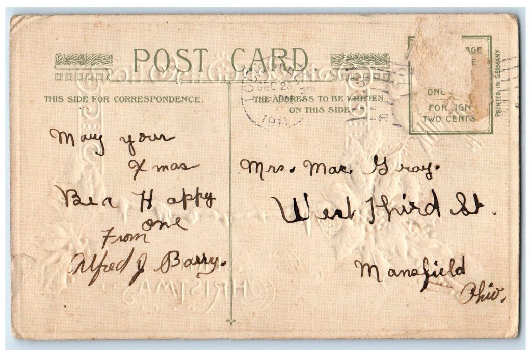 1911 Christmas Holly Covered Snow Bird Church John Winsch Embossed Postcard
