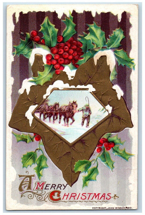 c1910's Christmas Holly Man Grazing Horses Snow Winter Star John Winsch Postcard