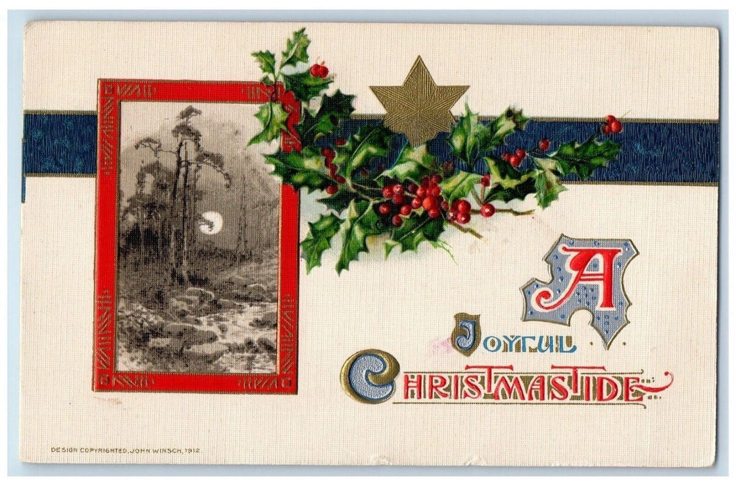 c1910's Christmas Holly Berries Star Moon View John Winsch Embossed Postcard