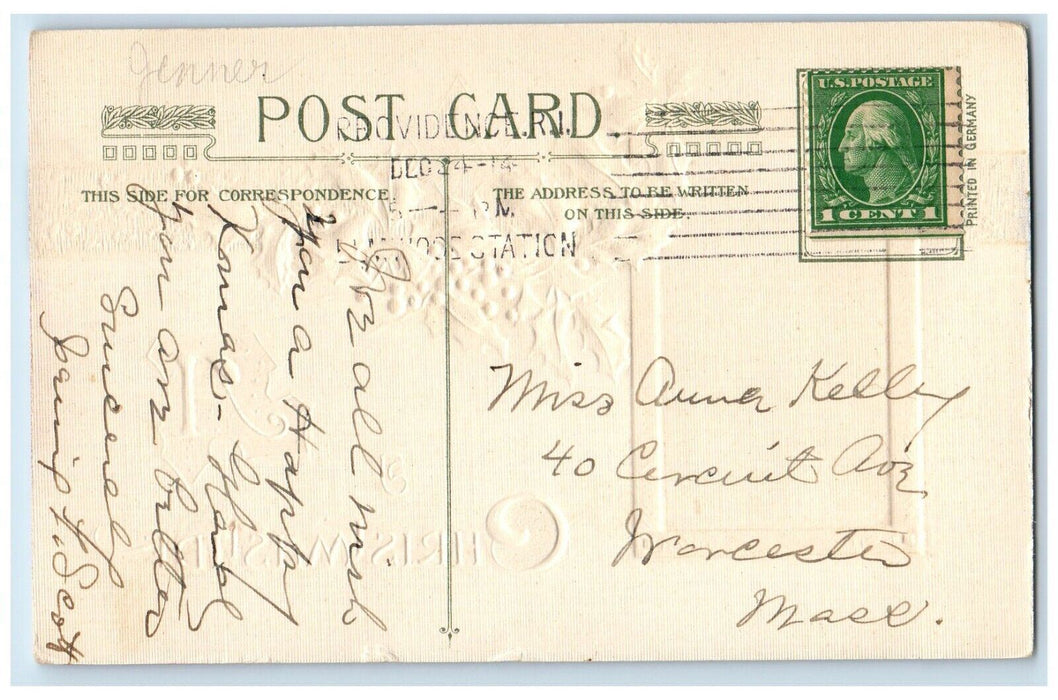 c1910's Christmas Holly Berries Star Moon View John Winsch Embossed Postcard