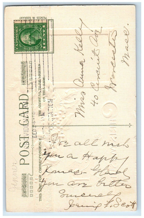 c1910's Christmas Holly Berries Star Moon View John Winsch Embossed Postcard