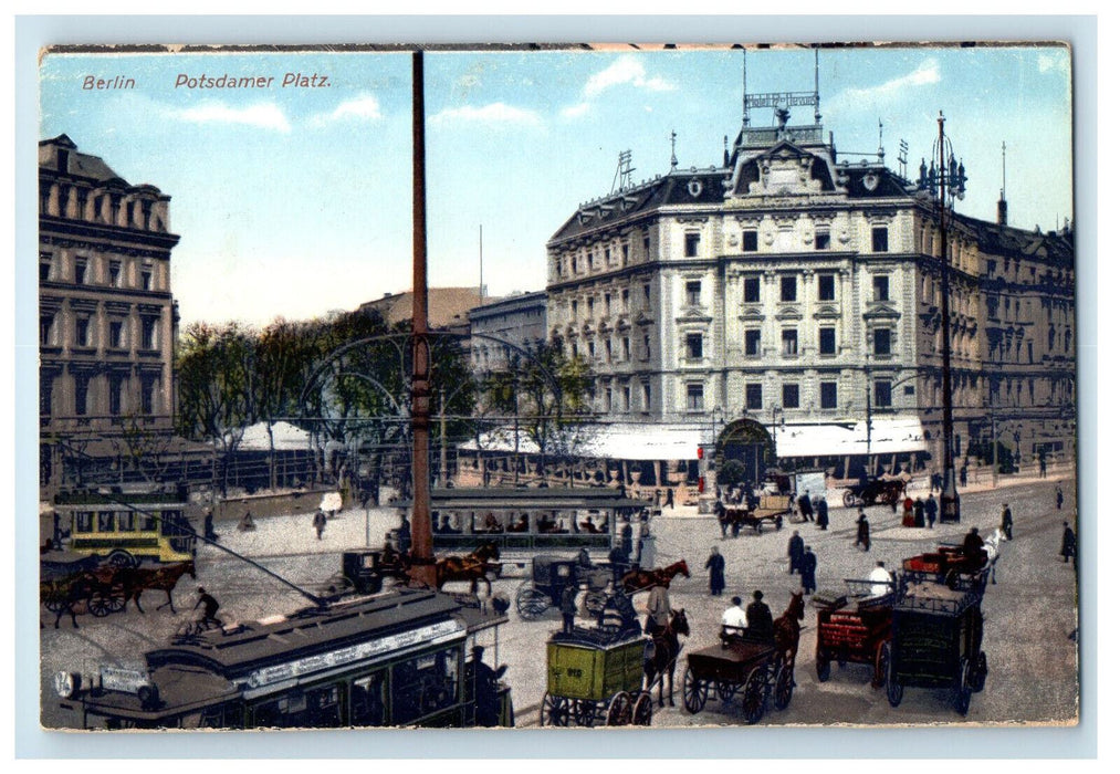 c1910 Trolley Car, Horse Carriage Crowds Potsdamer Platz Berlin Germany Postcard