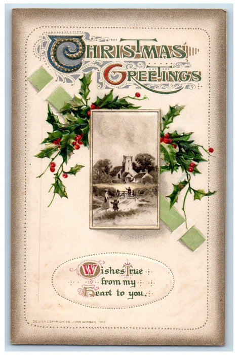 c1910's Christmas Greetings Holly House John Winsch Artist Signed Postcard
