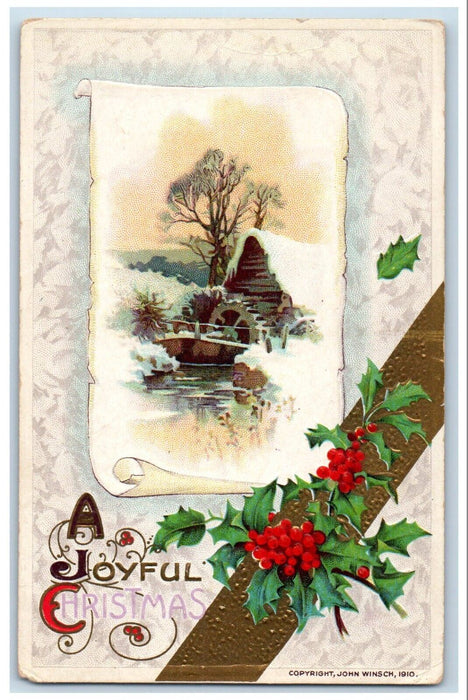 1910 Christmas Greetings Holly Water Wheel John Winsch Artist Signed Postcard