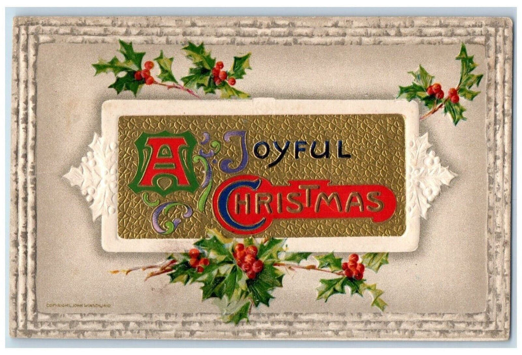 1910 Christmas Holly Berries John Winsch Artist Signed Embossed Antique Postcard