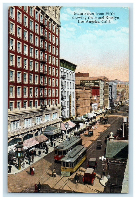c1910 Busy Scene, Main Street from 5th, Hotel Rosslyn Los Angeles CA Postcard