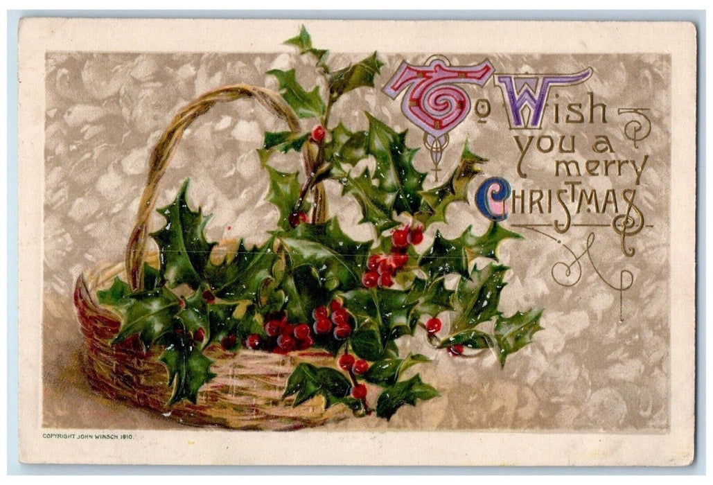 1910 Christmas Basket Holly Berries John Winsch Artist Signed Embossed Postcard