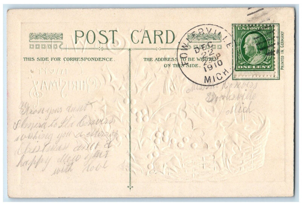 1910 Christmas Basket Holly Berries John Winsch Artist Signed Embossed Postcard