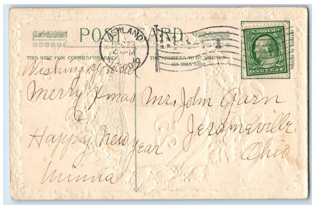 1910 Christmas Dec. 25 Wreathe Holly Berries John Winsch Artist Signed Postcard