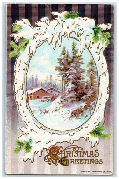 c1910's Christmas Greetings Snow Covered Pine Trees House John Winsch Postcard