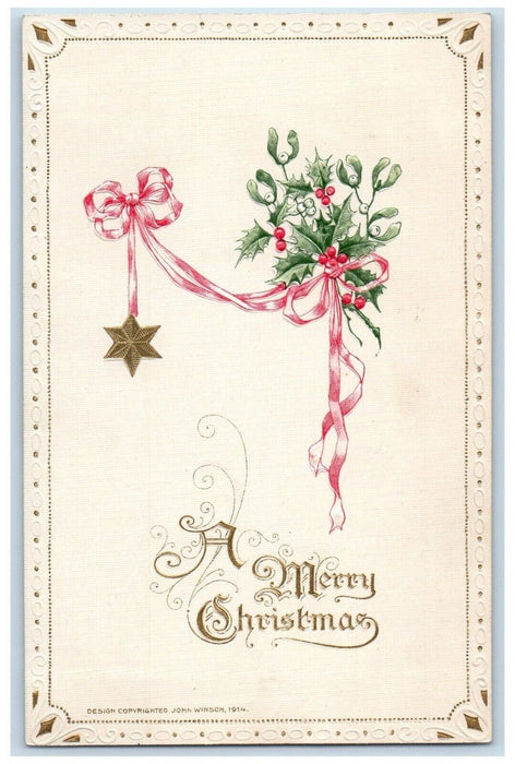 c1910's Christmas Holly Pink Ribbon Star John Winsch Artist Signed Postcard