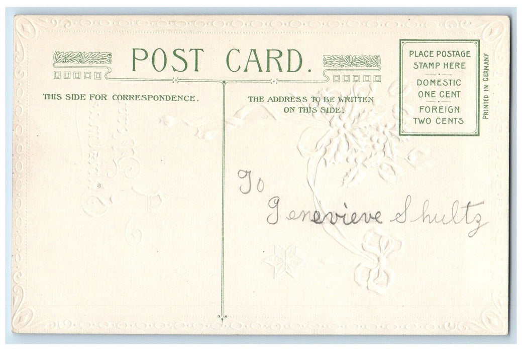 c1910's Christmas Holly Pink Ribbon Star John Winsch Artist Signed Postcard