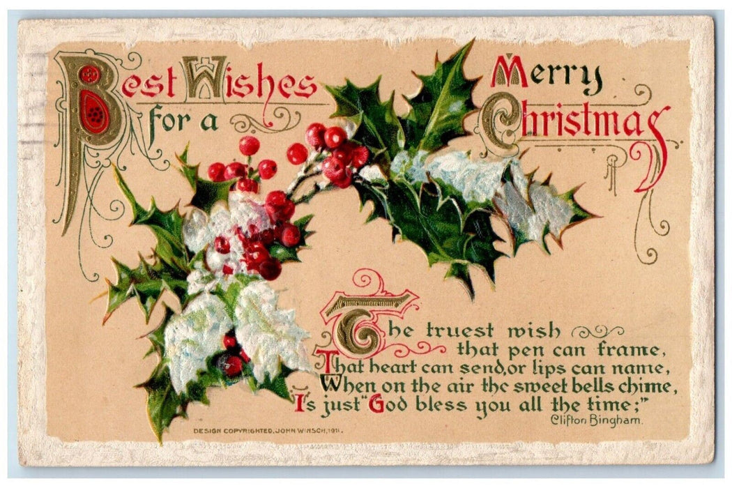 1911 Christmas Poem Holly Covered Snow John Winsch Artist Signed Postcard