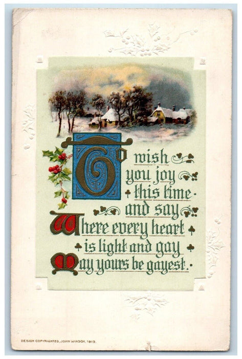 1916 Christmas Poem Holly Houses Covered Snow John Winsch Artist Signed Postcard