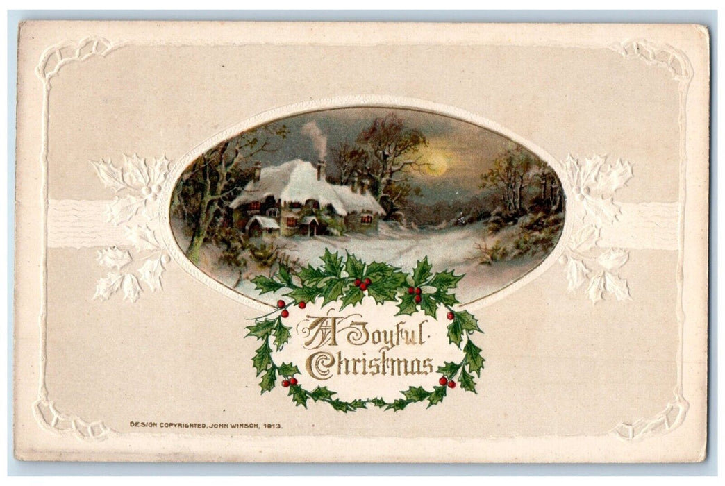 1916 Christmas Holly Berries House Covered Snow Moon View John Winsch Postcard